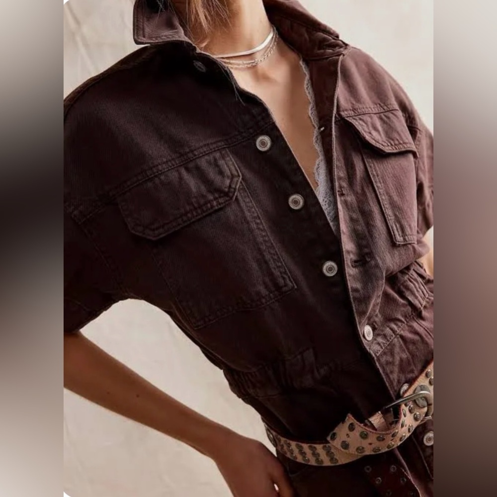 Free People Brown Short-Sleeve Denim Romper - Picture 3 of 16